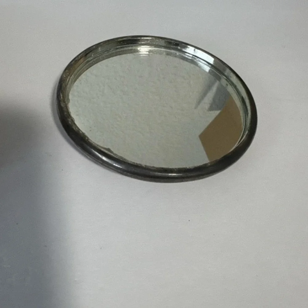 Antique Crystal Glass Powder Dish Art Nouveau Pewter Cover W/Mirror &‎ Brush